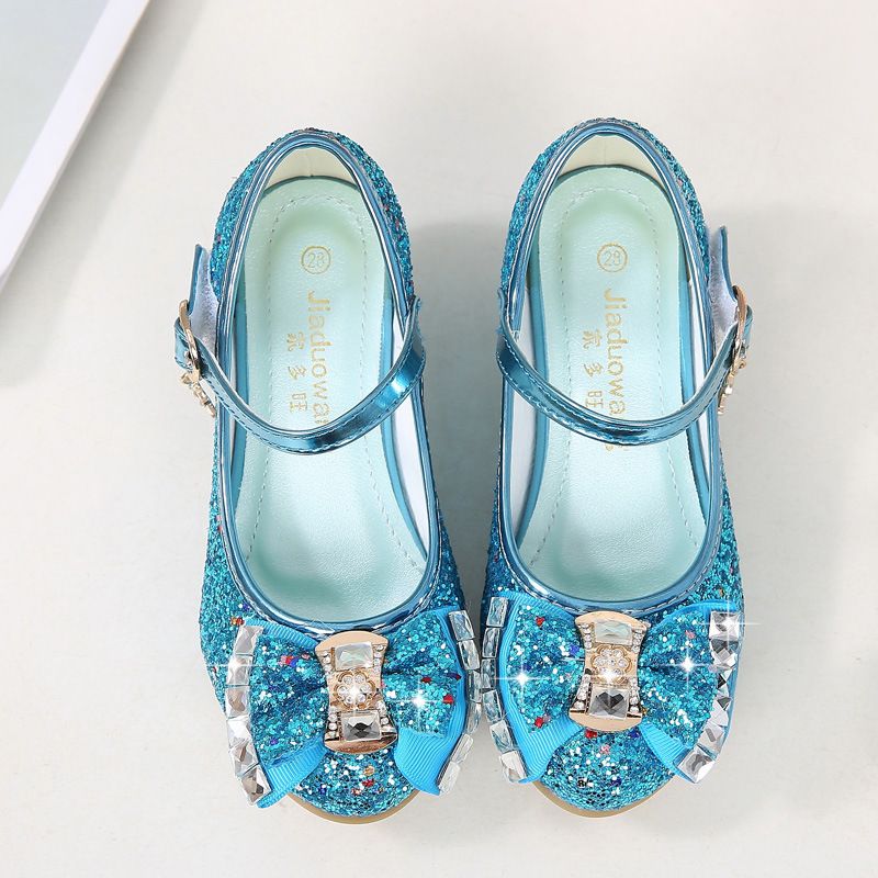 Dress Shoes Autumn New Girls' Small High-Heeled Leather Shoes Sparkling Shoe upper with Bow Decoration for Children's Dance Shoes