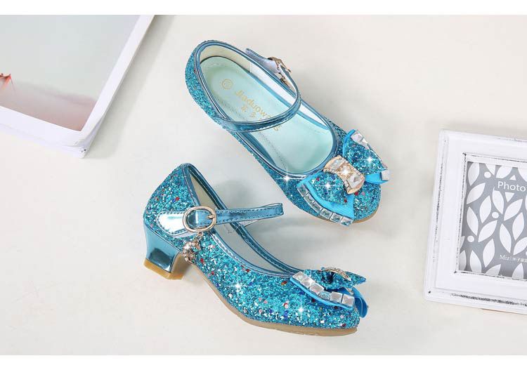 Dress Shoes Autumn New Girls' Small High-Heeled Leather Shoes Sparkling Shoe upper with Bow Decoration for Children's Dance Shoes