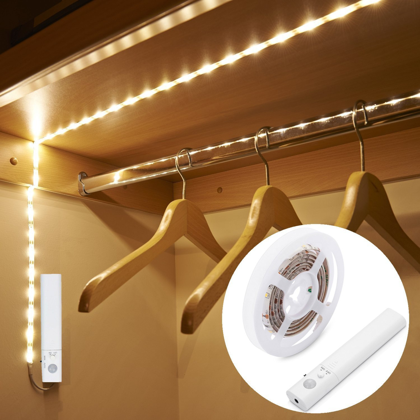 LED Dual Mode Motion Night Light, 1m/2m/3m Flexible LED Strip with Motion Sensor Closet Light for Bedroom Cabinet(4 AAA Batteries Operated, Not Included)