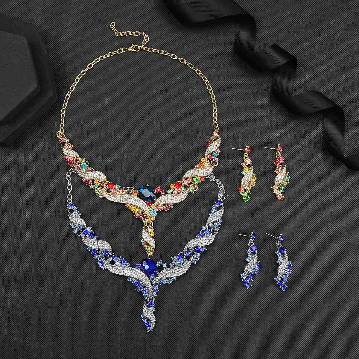 Vibrant Multicolor Crystal Necklace & Earrings Set, Gold-Tone Statement Jewelry, Elegant Formal Party Accessories, Perfect for Weddings, Proms & Special Occasions
