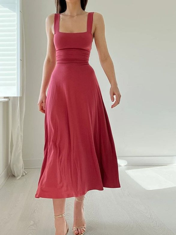 R003 Women's Fashion Temperament Versatile Block Straps Slim Waist Sleeveless Solid Color Dress