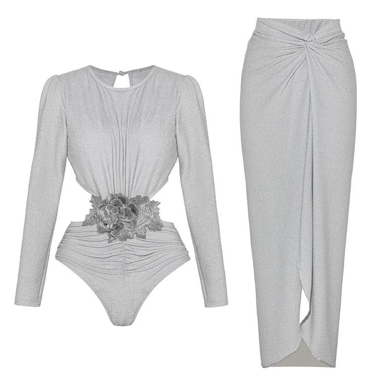 Women's Glitter Cutout Long Sleeve Swimsuit Monokini with Beach Skirt Two Piece Bathing Suit
