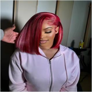 Short BOBO 4*4 Straight Wig WINE Burgundy Highlight Color- Closure Lace Wigs Human Hair 180 Density Pre Pluck Lace Wig
 
