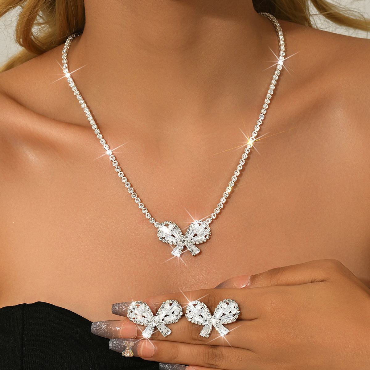 Silver Plated Full Pave Zircon Bow 2Pcs Jewelry Set Dainty Tennis Choker Necklace Bow Stud Earrings Minimalist Elegant Bridal Wedding Evening Banquet Prom Daily Dress Matching Women Fashion Versatile Statement Accessories, Black White Pink 3 Colors Available
