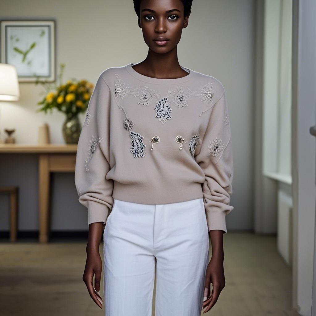 Wool Round Neck Sequined Simple Pullover Women's Knitted Sweater