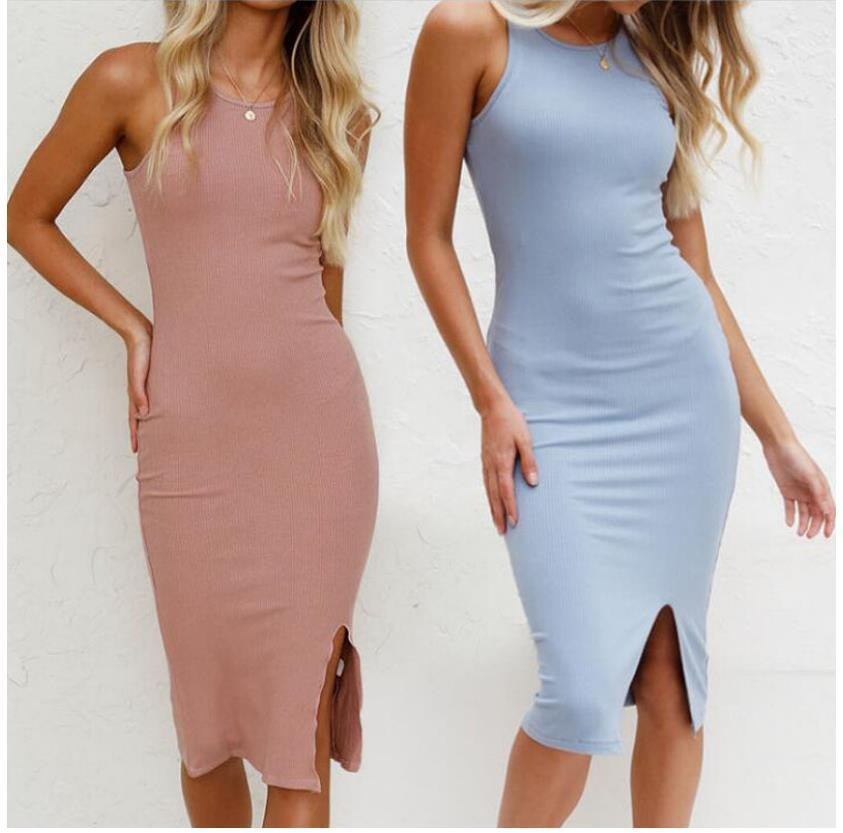 21-029 Women's New Solid Color Dress Slim Knit Split Dress