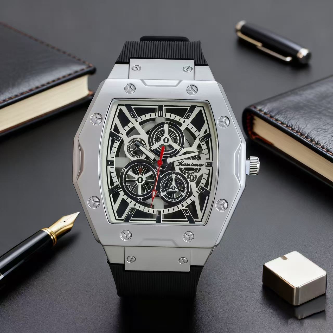 Fashion Men's Barrel Shaped Quartz Wristwatch, Cool Hollow Out Dial Design, Soft Breathable Silicone Strap, Casual Business Sports Waterproof Analog Watch, Stylish Daily Accessory for Men
