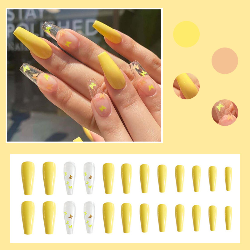 24Pcs Long Coffin False Nails Glitter Butterfly Designs Fake Nails Artificial Full Cover Nail Art Tips Press on Nails Manicure Tool