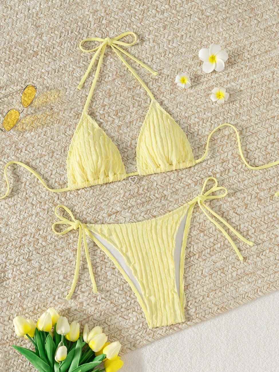 Women's Ribbed Triangle Bikini Set, Adjustable Halter Neck & Tie-Side Cheeky Bottom, Textured Two-Piece Swimsuit in Multiple Colors for Beach, Pool & Vacation
