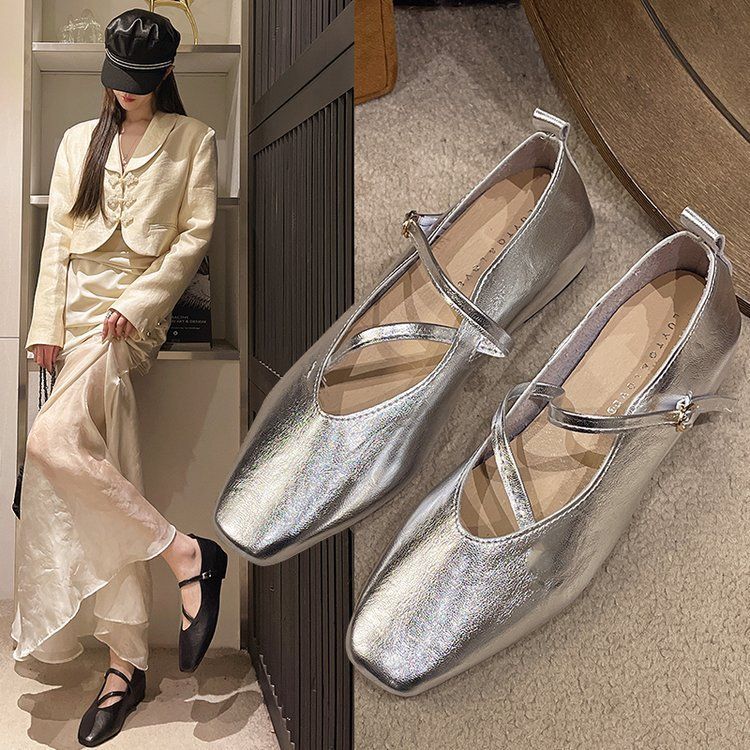 Cross-buckle low-heeled women's Mary Jane shoes 2025 Spring Retro silver versatile commuting French shallow opening single shoes for women