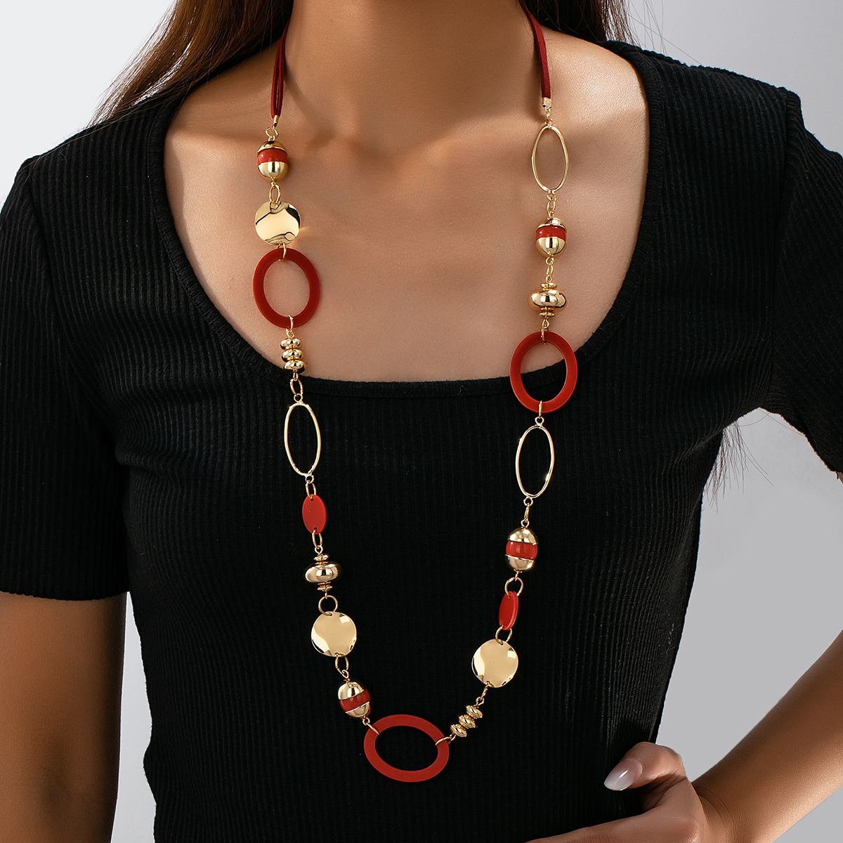  New Geometric Long Necklace for Women, Retro Hong Kong Style Oval Ring Spliced Chain, Minimalist Stackable Dainty Jewelry, Daily Commute Fashion Accessories