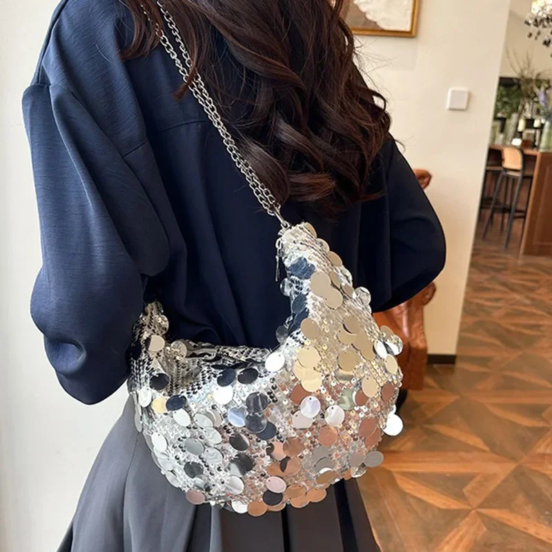 Korean Chain Sequins Crossbody Bag Evening Clutch Bag Dinner Party Wedding Purses Handbag Female Underarm Shoulder Crossbody Bag