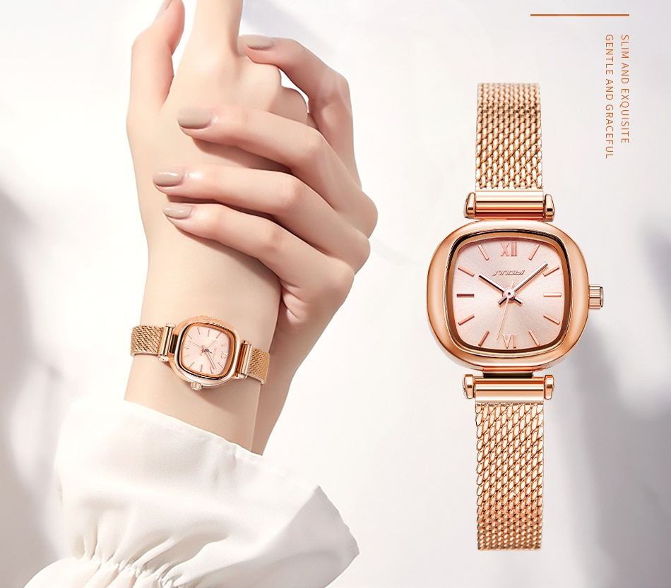 Fashion Light Luxury Ladies Watch Mesh Strap Rose Gold Retro Fashion Business Square Ladies Watch