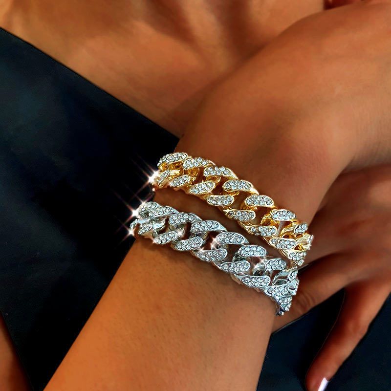 Ins‑Style Chunky Wide Chain Rhinestone Bracelet, Cool Hip‑Hop Street Bling Wrist Accessory, Sparkling Club Disco Bracelet for Women Men Party Night‑Out Daily Styling