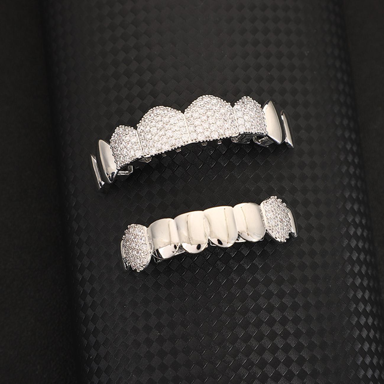 European and American style vampire fangs six-tooth smooth personalized double zircon grillz gold teeth silver teeth