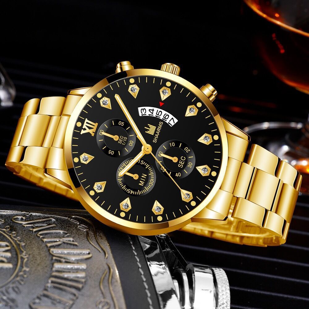 Men Business Quartz Wrist Watch, Roman Numeral Diamond‑Accented Scale Dial, Fan‑Shaped Calendar Display, Stainless Steel Band Fashion Analog Wrist Watch for Daily Business Occasions