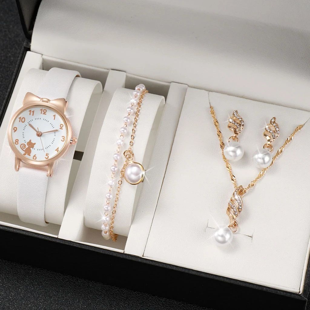 Fashion Multi-Style Women Watch Jewelry Set, Lovely Cat Dial Quartz Wrist Watch, Casual Elegant Matching Accessory Kit, Sweet Daily Dress Up Ornament for Ladies Teen Girls Birthday Gift