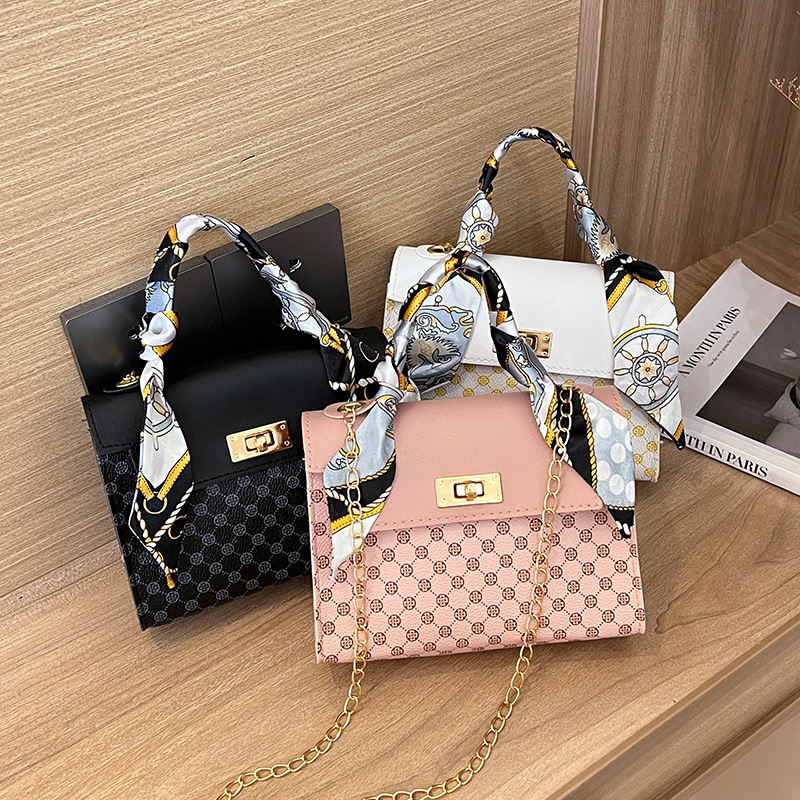 034 Women's Summer Retro Printed Bag,Paired with Elegant Scarf Embellishments Handbag,Lightweight Work Bag