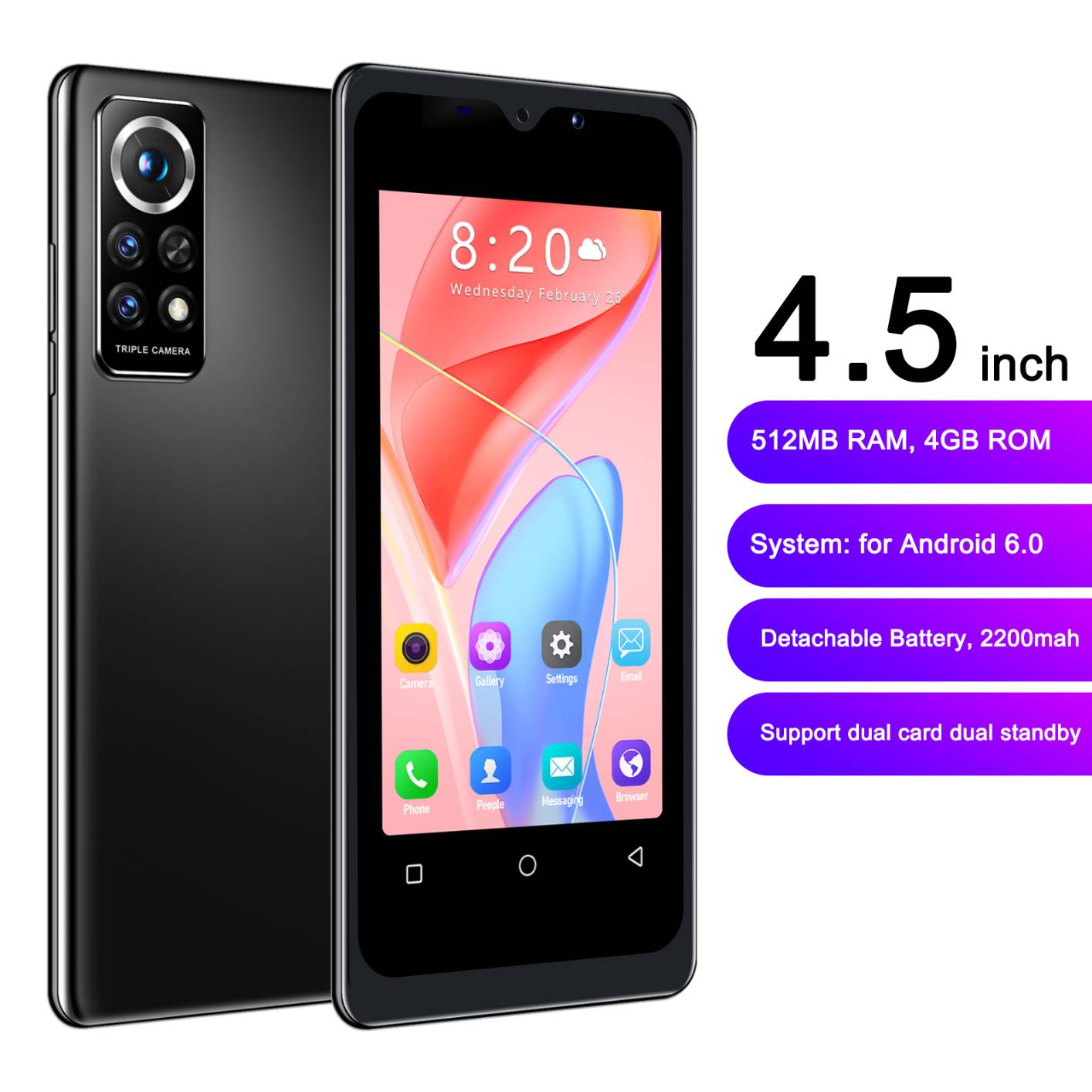 Smartphone with 4.5inch Screen Dual Card 512MB RAM 4GB ROM Mobile Phone 110-240V