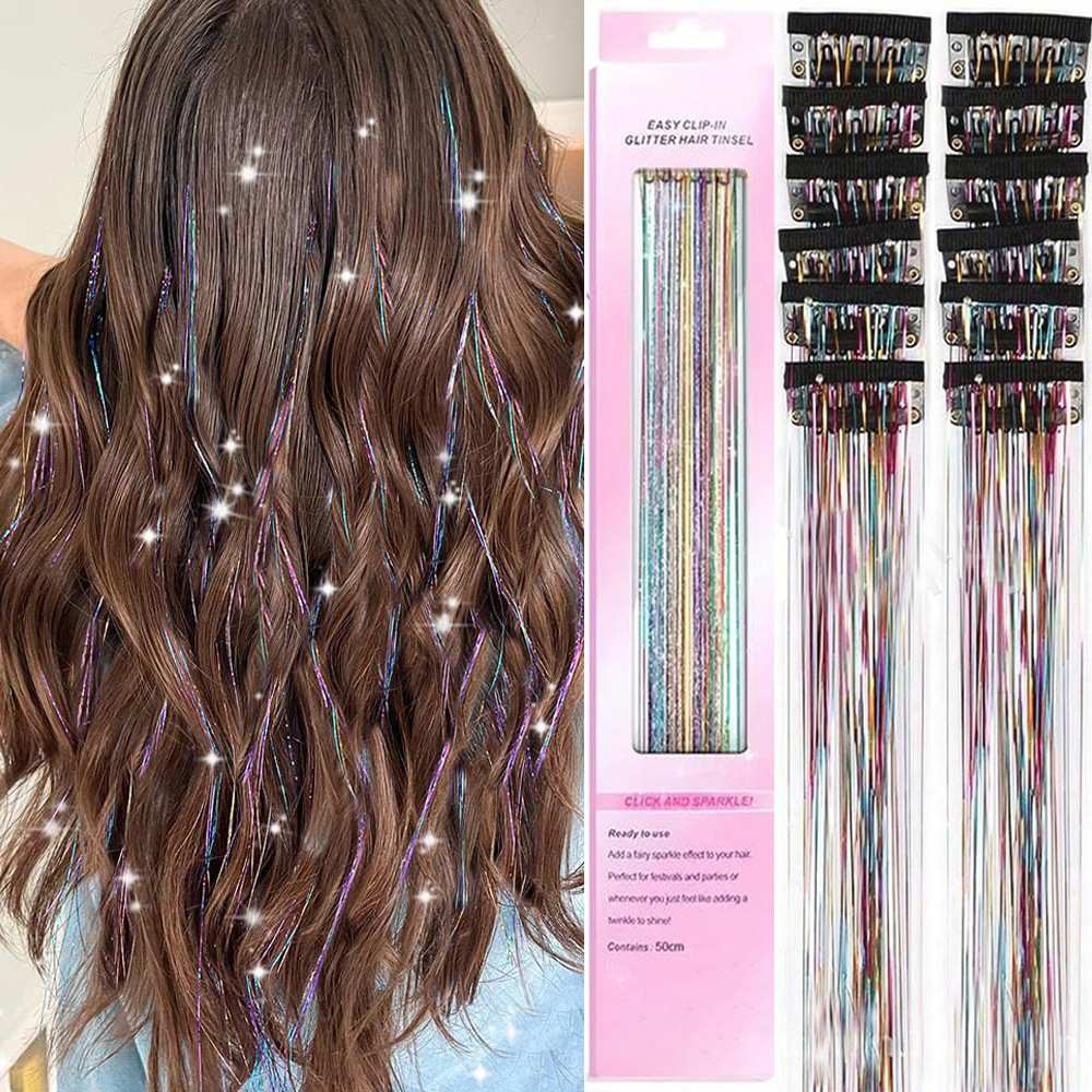 Clip-In Glitter Hair Tinsel Extensions, 50cm Shiny Rainbow Hair Tinsel Strands, Sparkle Hair Accessories for Women, Easy to Use Fairy Hair for Party Festival, Multiple Colors Optional