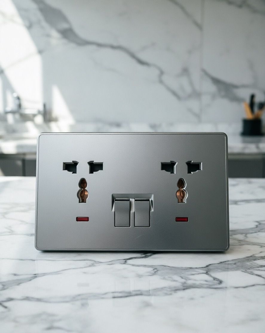 High-Quality Gray PC Wall Three-Pin Socket & Light Switch, UK Standard Double Socket Switch
