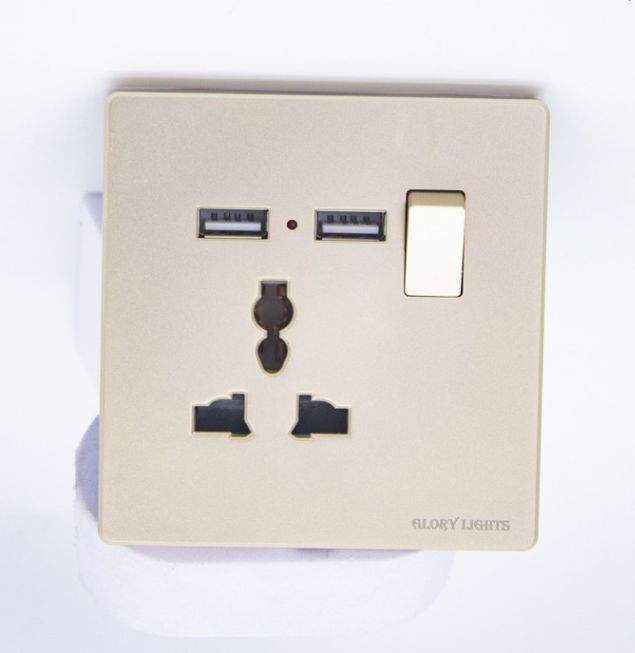 Golden Universal Glory lights 13A 3 Pin Wall Socket Modular With double USB Ports
