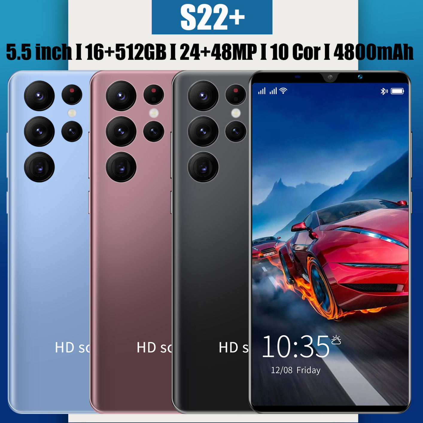 Global Version S22+ Smartphone 5.5 Inch 16GB+512GB 6800mAh 48MP 5G Dual Sim Cards Android OS 12 Unlock Wifi Phone+32G TF Card UK Plug