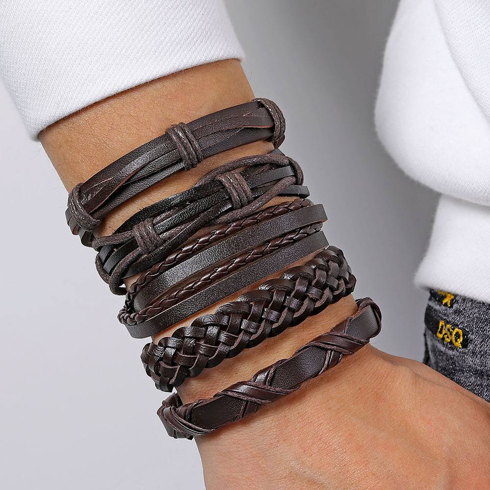 Vintage Bead Bracelet Men's fashion hollow triangle leather bracelet and bracelet multi-layer wide wrap jewelry HS343