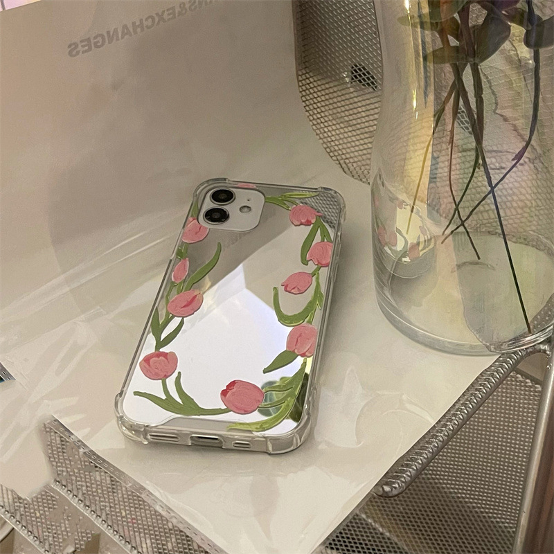 ins Tulip Pattern Suitable for iPhone 13 Pro Max 11/12 Mirror Mobile Phone Case Protective Cover XS/XR Female