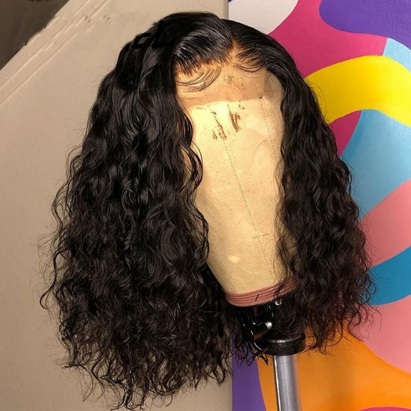 A female wig with short curly hair, middle-parted corn perm, small black curly hair and synthetic fiber head cover