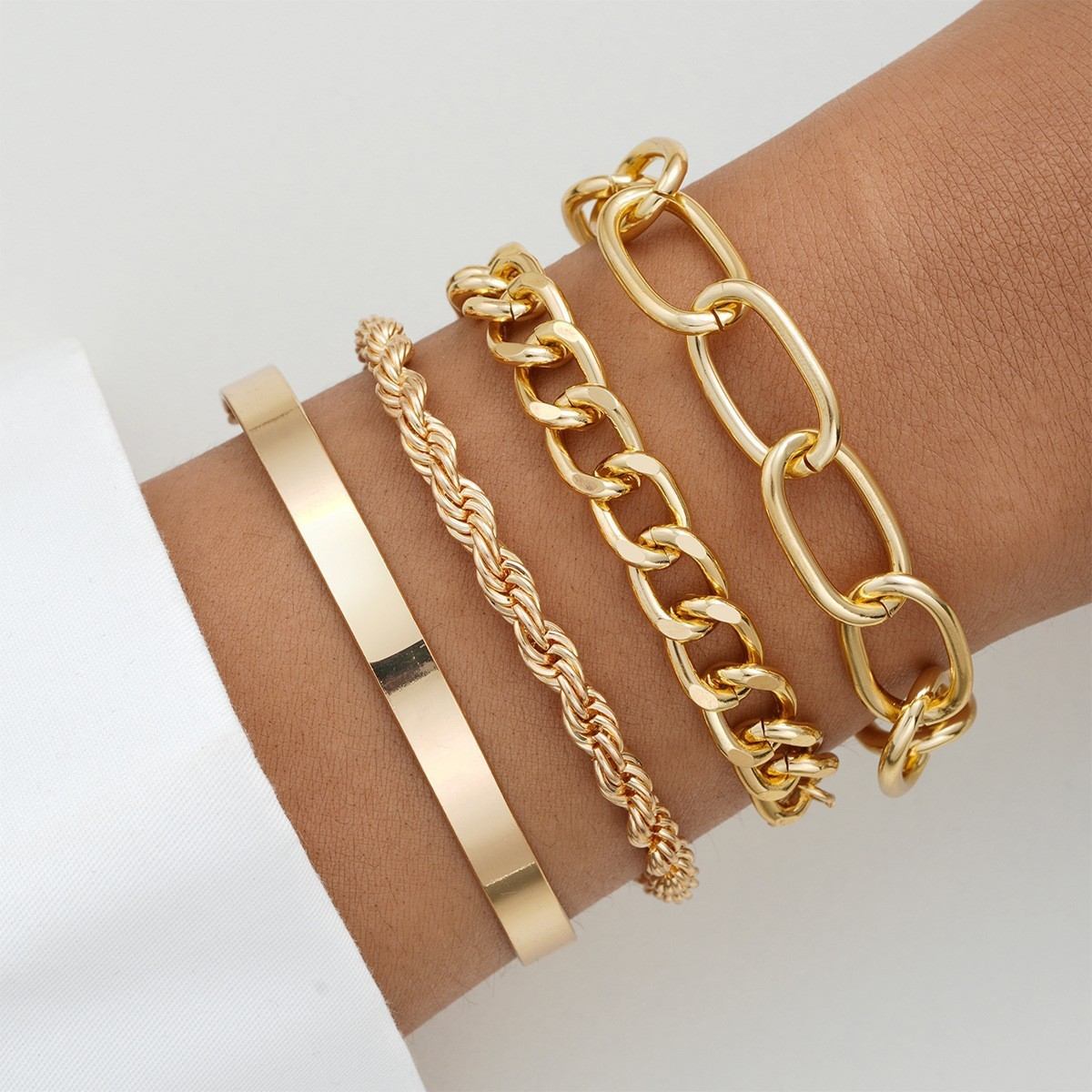 5966801 4PCS/Set Fashion Punk Women Gold Plated Silver Color Big Chain Bracelets Set Fashion Geometric Metal Chain Bangles Bracelet Jewelry