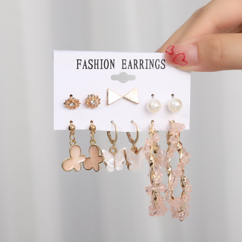 klk682050574365 Women's New Woven Crystal Earrings Pink Butterfly Tassel Stud Earrings Combination Set