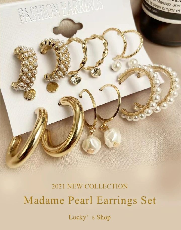9Pcs/Set Women Earrings Rhinestone Pearl Exaggerated Gold Creative Personality Relief Earrings Women's Fashion Accessories Jewellery