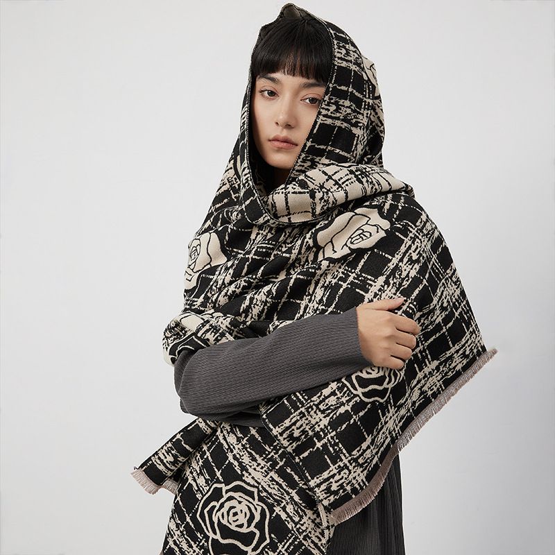 Women's Imitation Cashmere Thickened Scarf Double-Sided Rose Scarf