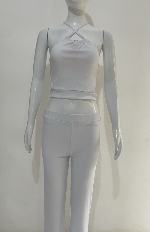 Suspenders pleated slim fit two-piece set Spice girl pleated suspenders, slacks set solid color knitted split top + bootcut slim turned-up trousers