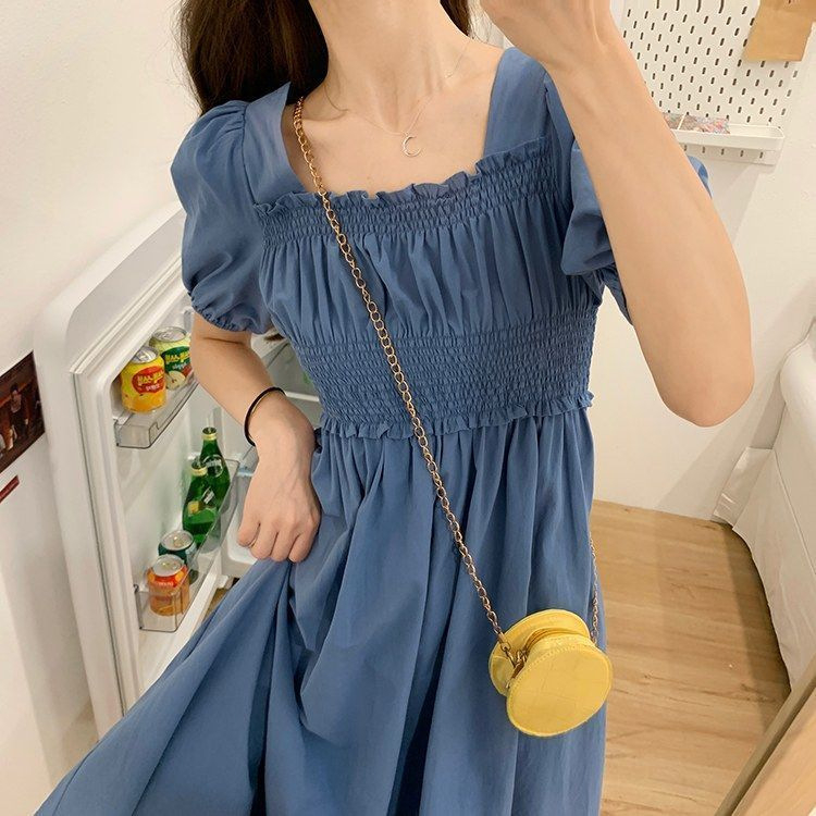 Women's Summer Elasticated High-Waist Square-Neck Dress Temperament Gentle Dress