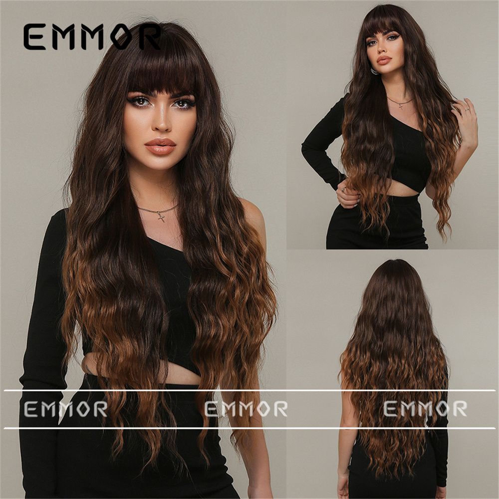 European and American wig female hair gradient brown wavy sea water wavy hair fluffy natural realistic wig set lc1027-1