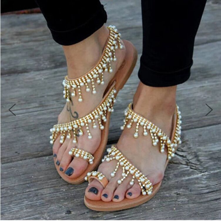 Large size flat toe sandals women's rhinestone pearl toe Roman sandal sandals 118
