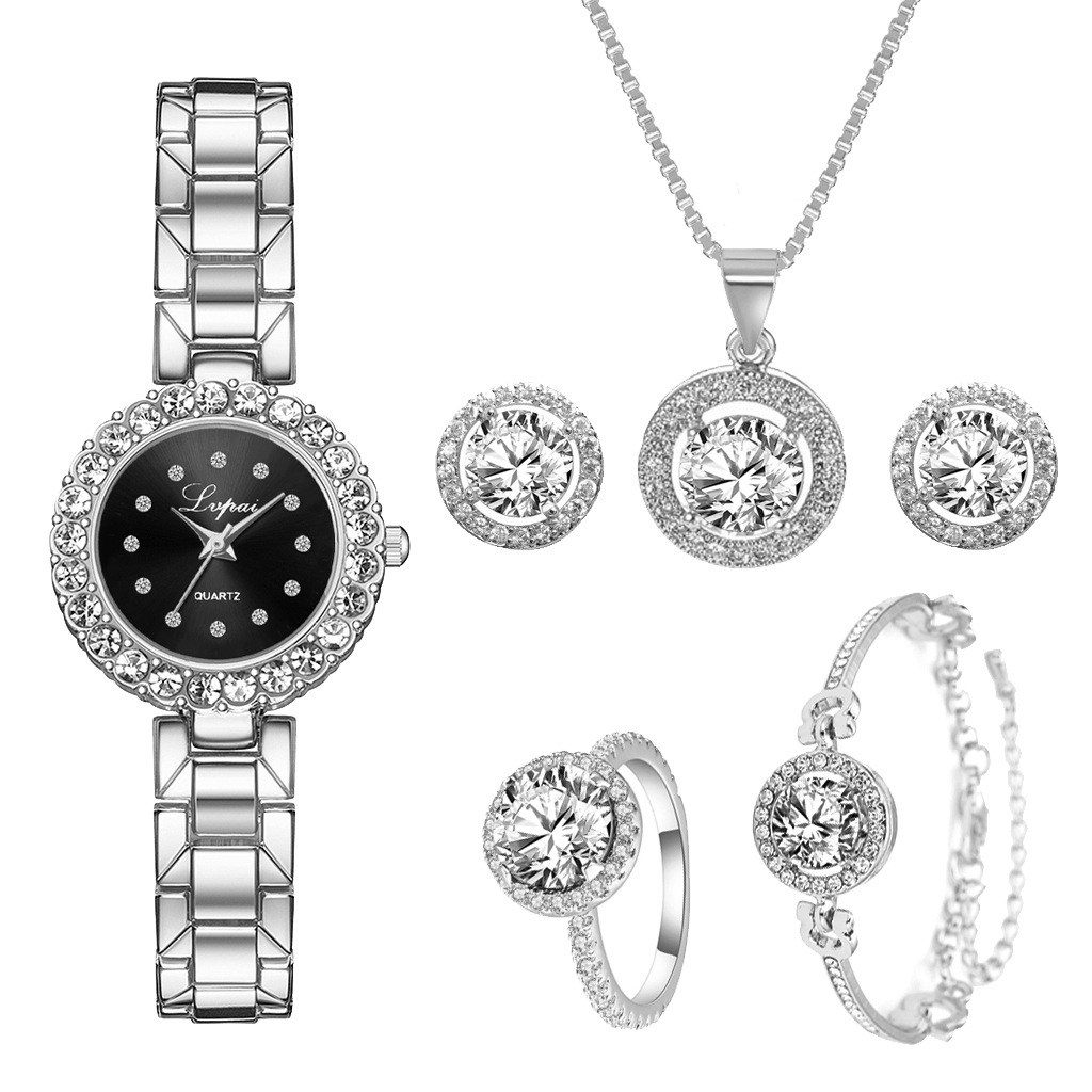 Watch + Bracelet + Necklace + Earrings + Ring 5 Piece Set Jewelry Package Round Diamond Watch Simple Quartz Watch Watch Steel Band Ladies Quartz Watch Girls Student Jewelry Pointer Watch