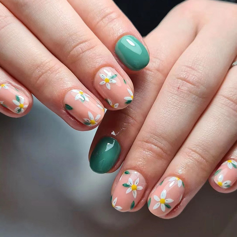 JP1488 24 Pcs Glossy Press on Nails, Short Square French Daisy Print Fake Nails, Acrylics Full Cover False Nails for Women and Girls