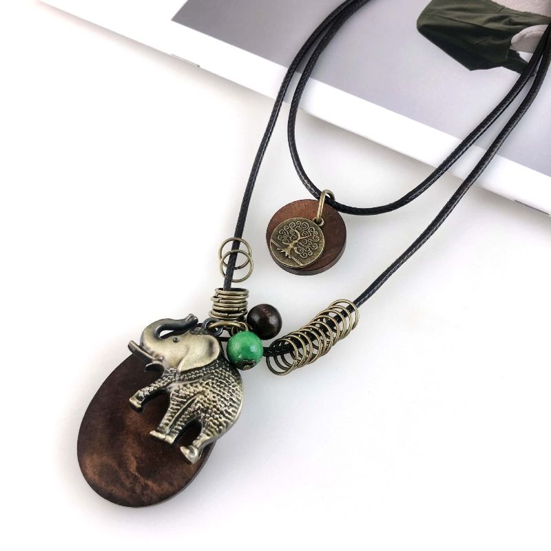 Necklace Cotton and linen wooden pendant long necklace, three-dimensional elephant pendant necklace free shipping