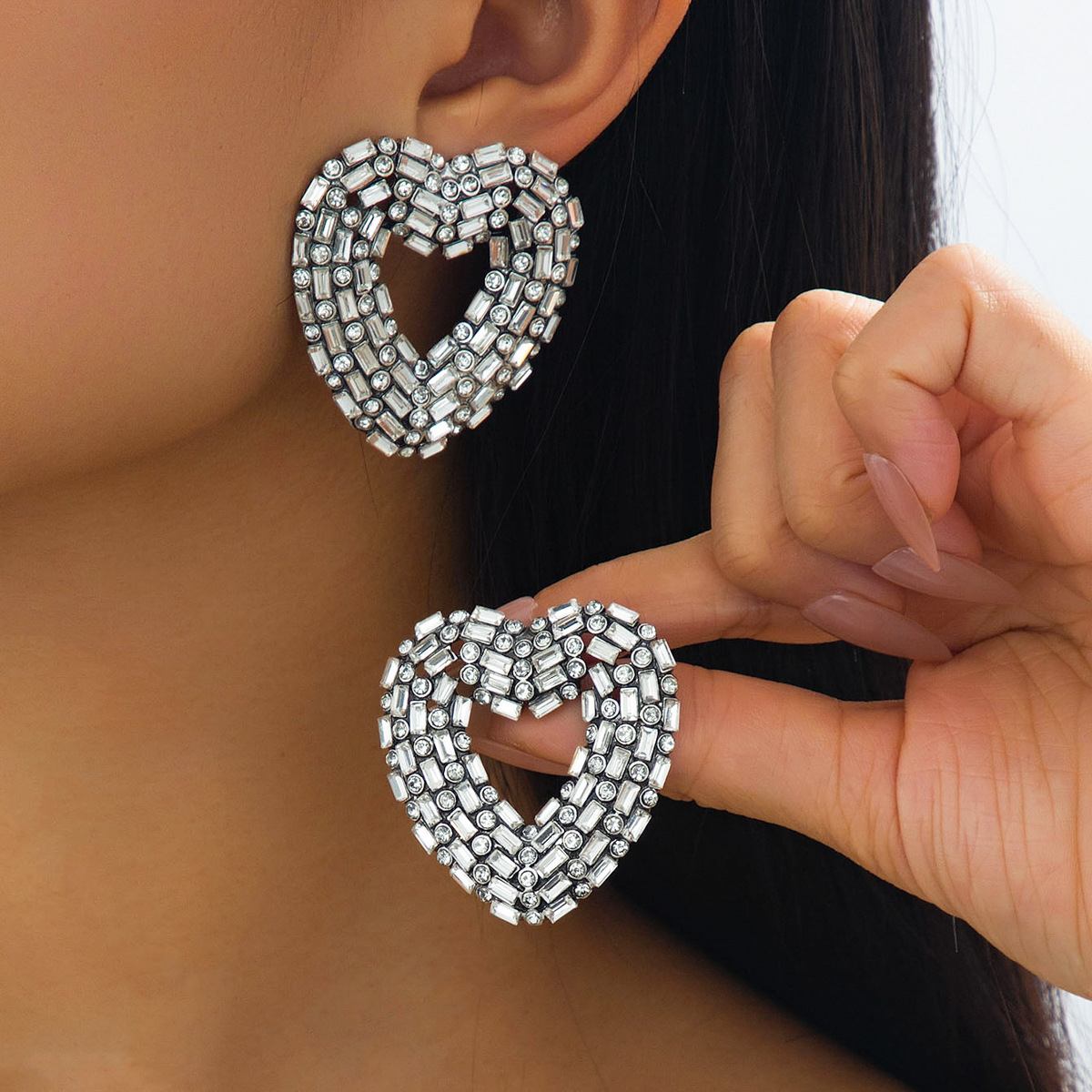Sparkling Hollow Heart Stud Earrings, 4cm Silver Tone with Baguette Cut Crystals, Glamorous Statement Jewelry for Women, Lightweight Party Earrings
