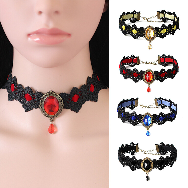 SC3556 Gothic Bohemia Lace Tattoo Choker Necklace Women Vintage Black Red Blue Crystal Necklaces Gothic Punk Collar Choker Jewelry
