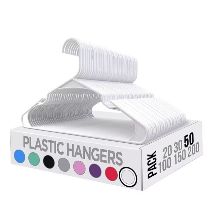 50 Pack - Durable Plastic Clothes Hangers with Shoulder Grooves (White)