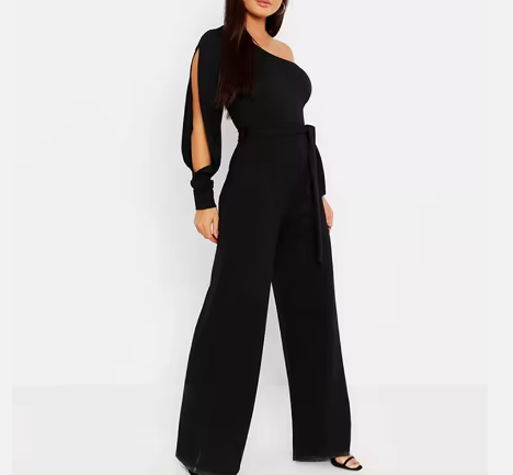 Casual Fashion Wide Leg Solid One-Shoulder Sleeve One Shoulder Jumpsuit With Belted Jumpsuit For Women
