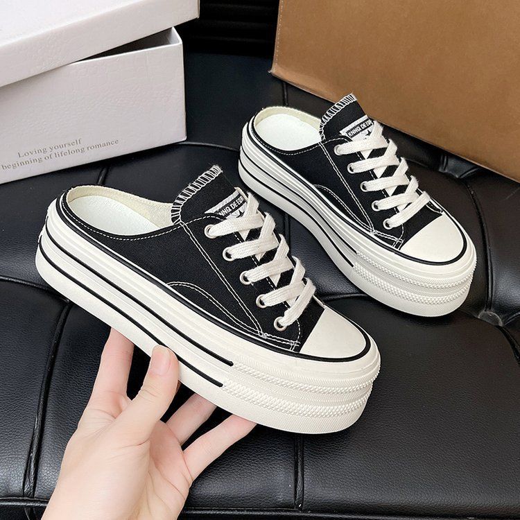 Candy-colored canvas shoes for women 2025 summer new style a single shoe with a full head preppy style thick sole simple half slipper