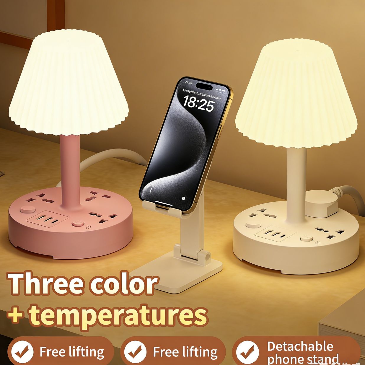 2 in 1 Multi-Functional UK Plug Power Strip with Desk Lamp, USB Charging Ports, 2 Pin Socket, 2m Cord, Universal Outlets, Bedside Night Light for Home Office, Multiple Colors