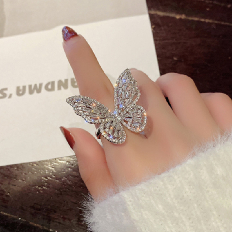 KY1676 Women Full Diamond Butterfly Ring Opening Adjustable Hollow Ring Shiny Gemstone Ring