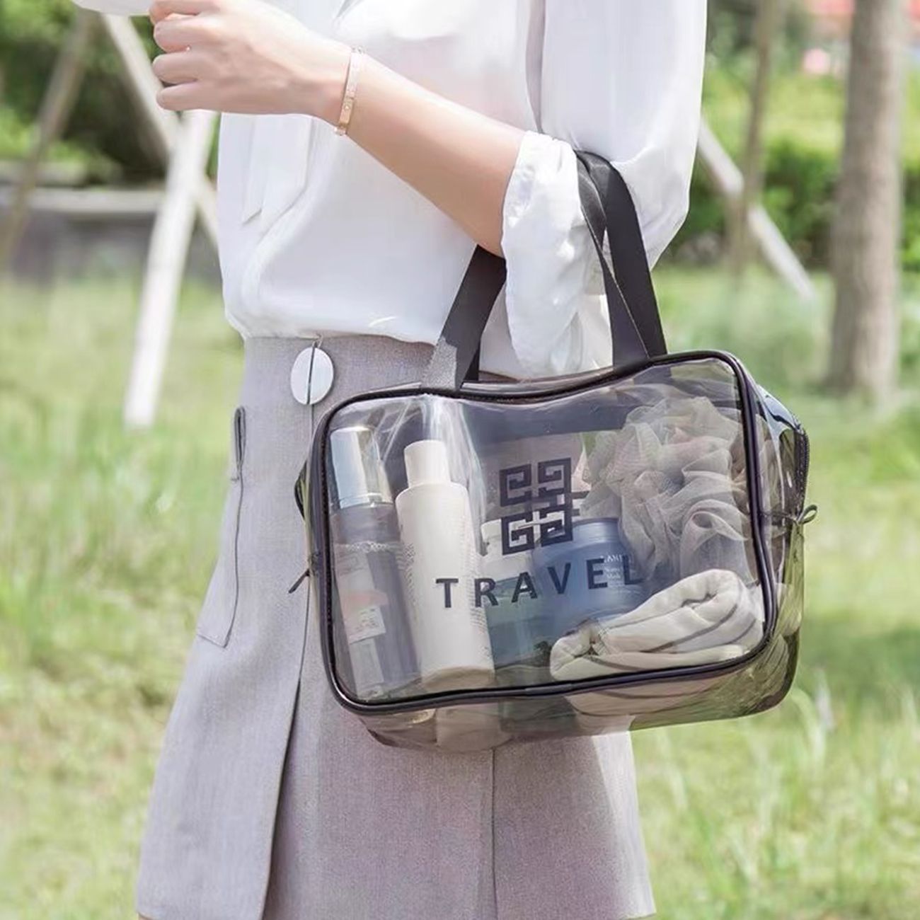 Clear Makeup Bags, TSA Approved Cosmetic Makeup Bags Set Clear PVC with Zipper Handle Portable Travel Luggage Pouch Airport Airline Vacation Organization, Middle : 24*10*16CM; Large: 30*11*21CM