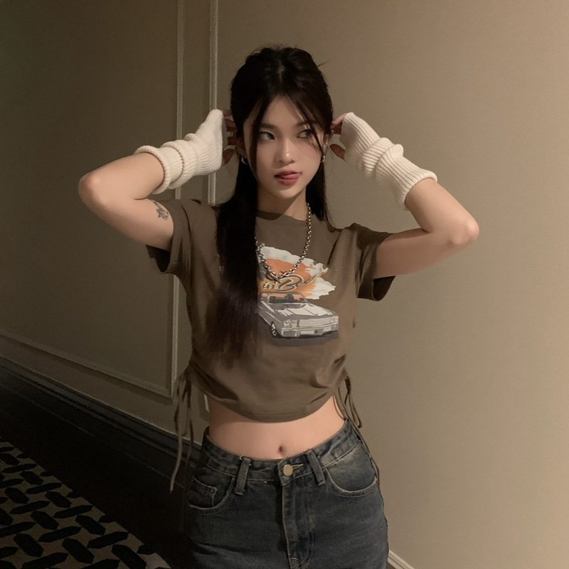 Women's Summer New Vintage Drawstring Cropped T-Shirt High-Waisted Crop Top